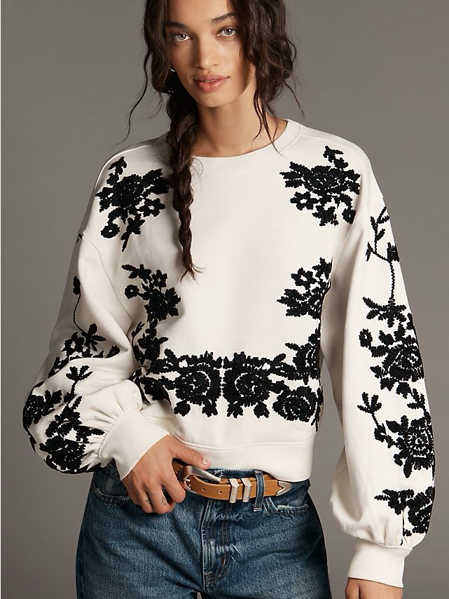 Anthropologie Floral Embroidered Cotton Sweater White Size L